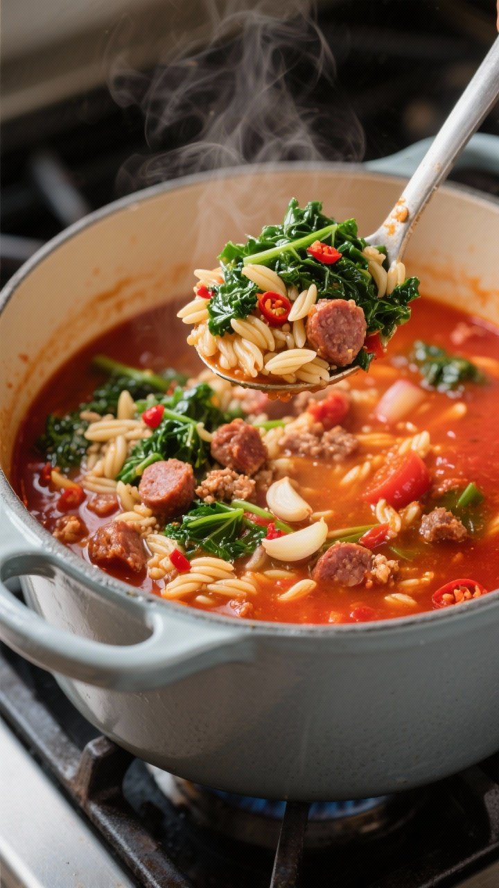 45-degree angle action shot of Spicy Sausage, Kale, and Orzo Soup: Italian sausage crumbles in a tomato-rich broth with orzo, chopped onion, garlic, crushed red pepper flakes, and emerald kale; a ladle lifting a hearty scoop to showcase texture; steam visible, vibrant reds and greens, contemporary enamel pot on a stovetop.