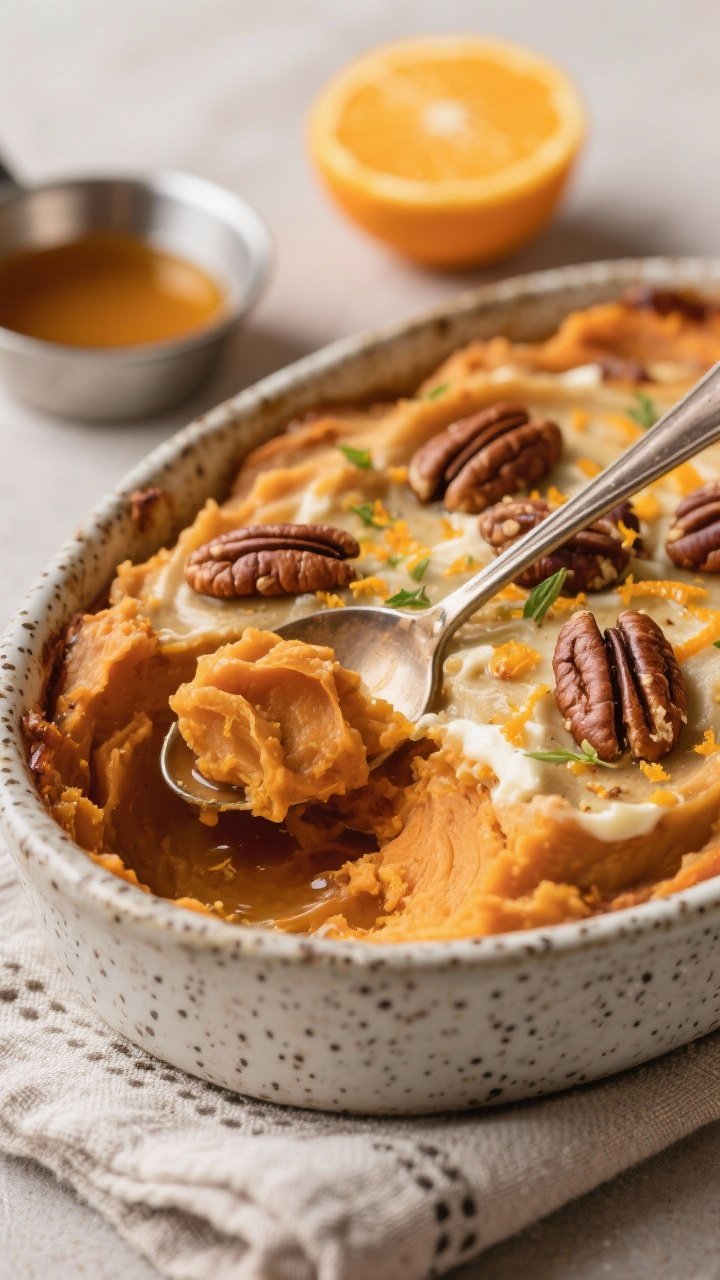 45-degree angle close-up of brown butter & orange zest maple pecan casserole being spooned to reveal its velvety interior: sweet potatoes mashed with brown butter swirls, pure maple syrup, heavy cream, vanilla extract, and fine orange zest. Toasted pecans scattered on top with micro-zest of orange adding specks of citrus. Set in a speckled stoneware dish on a linen napkin; show a small silver pan of browned butter and a zested orange in the background; warm, rich tones emphasizing caramelized butter flecks and citrus oils.