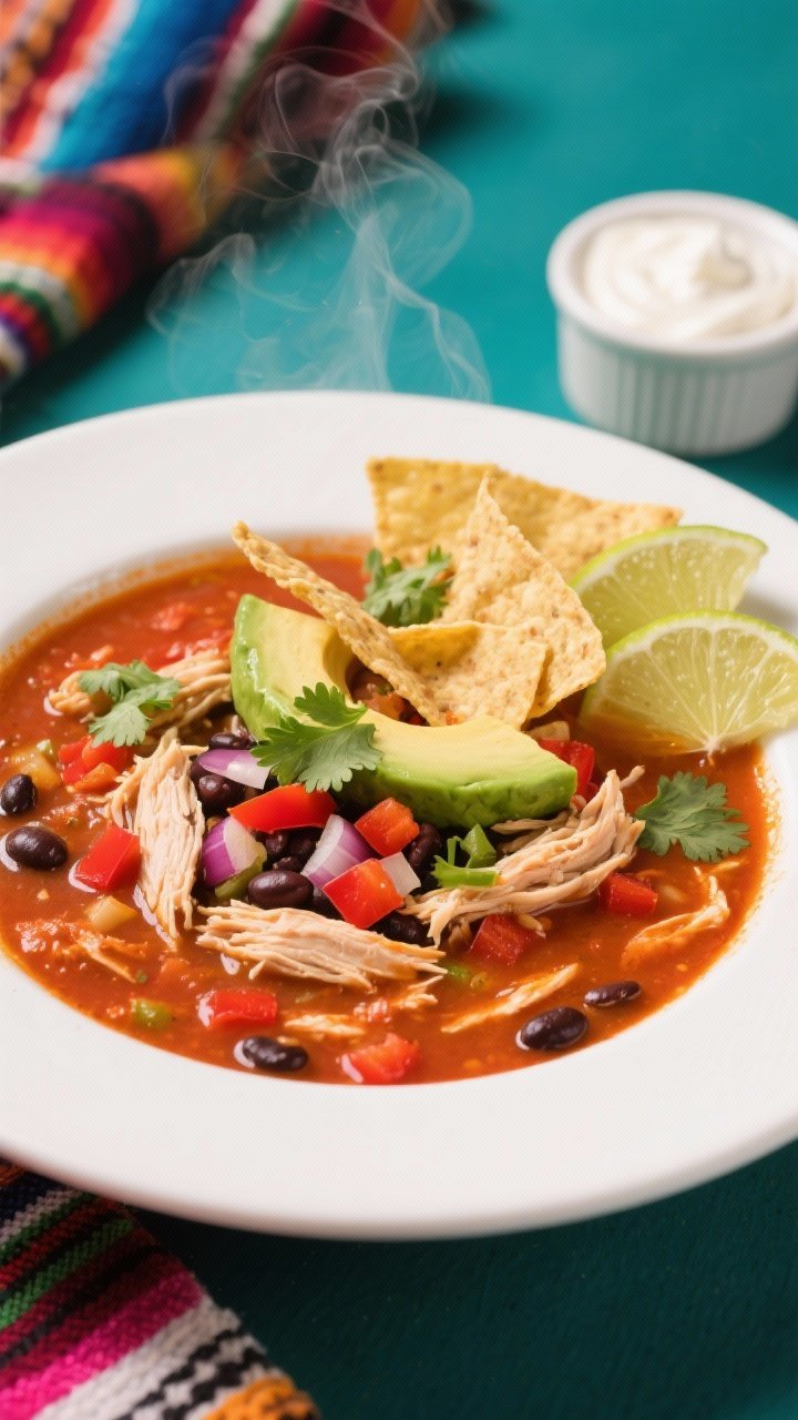 45-degree angle plated presentation of Slow Cooker Chicken Tortilla Soup: vibrant tomato-chicken broth with shredded chicken, black beans, diced red bell pepper, onion, and garlic; topped with crisp tortilla strips, avocado slices, cilantro, and zesty lime wedges on the rim; a small ramekin of sour cream nearby; bright Southwestern color palette, steam rising.