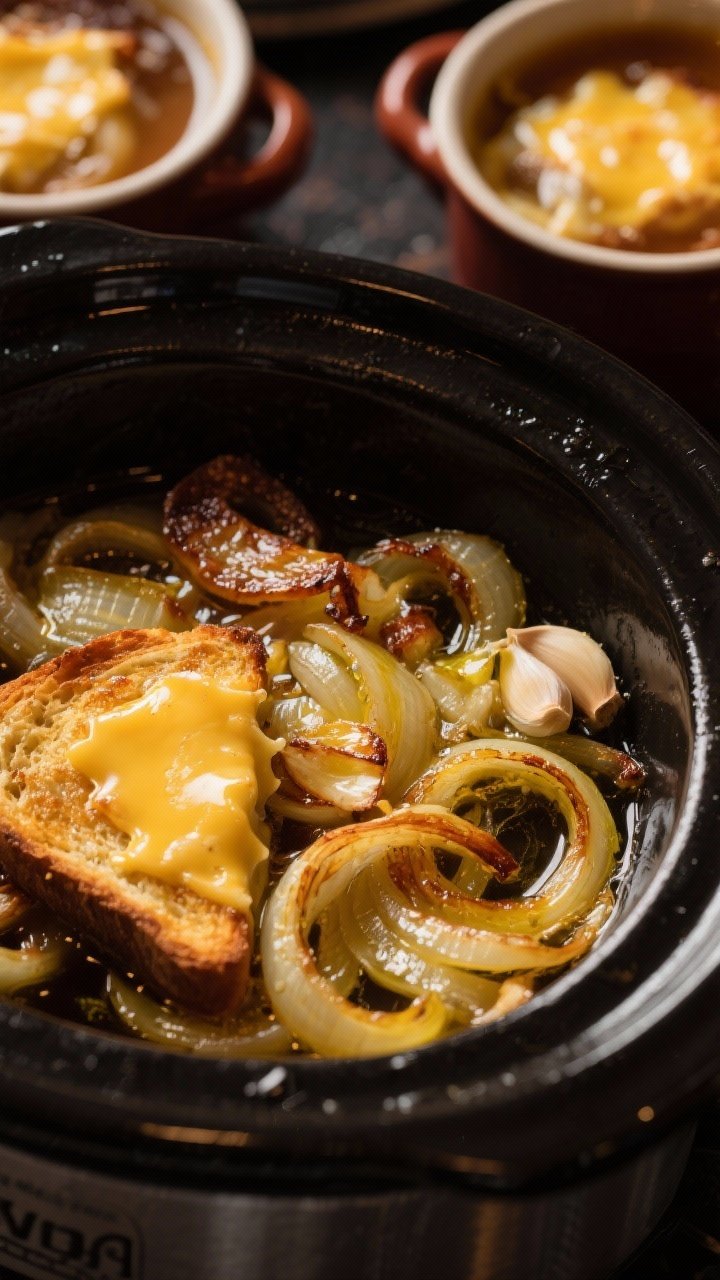 45-degree angle process shot for Slow Cooker French Onion Soup: deep caramelized yellow onions glistening with butter and olive oil in a dark pot, hints of garlic and a touch of sugar helping the browning; later scene includes brothy soup in crocks topped with golden Gruyère toasts, cheese bubbling and stretched; Parisian bistro vibe, low warm light.