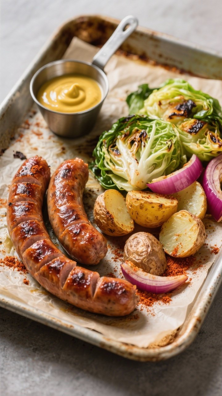 45-degree angle sheet-pan sausage, cabbage, and potatoes: rounds of browned smoked kielbasa, charred-edged green cabbage wedges, crispy baby potatoes, and thick red onion wedges, all dusted with smoked paprika; a small ramekin of tangy mustard drizzle ready to pour; rustic metal pan on a parchment-lined tray.