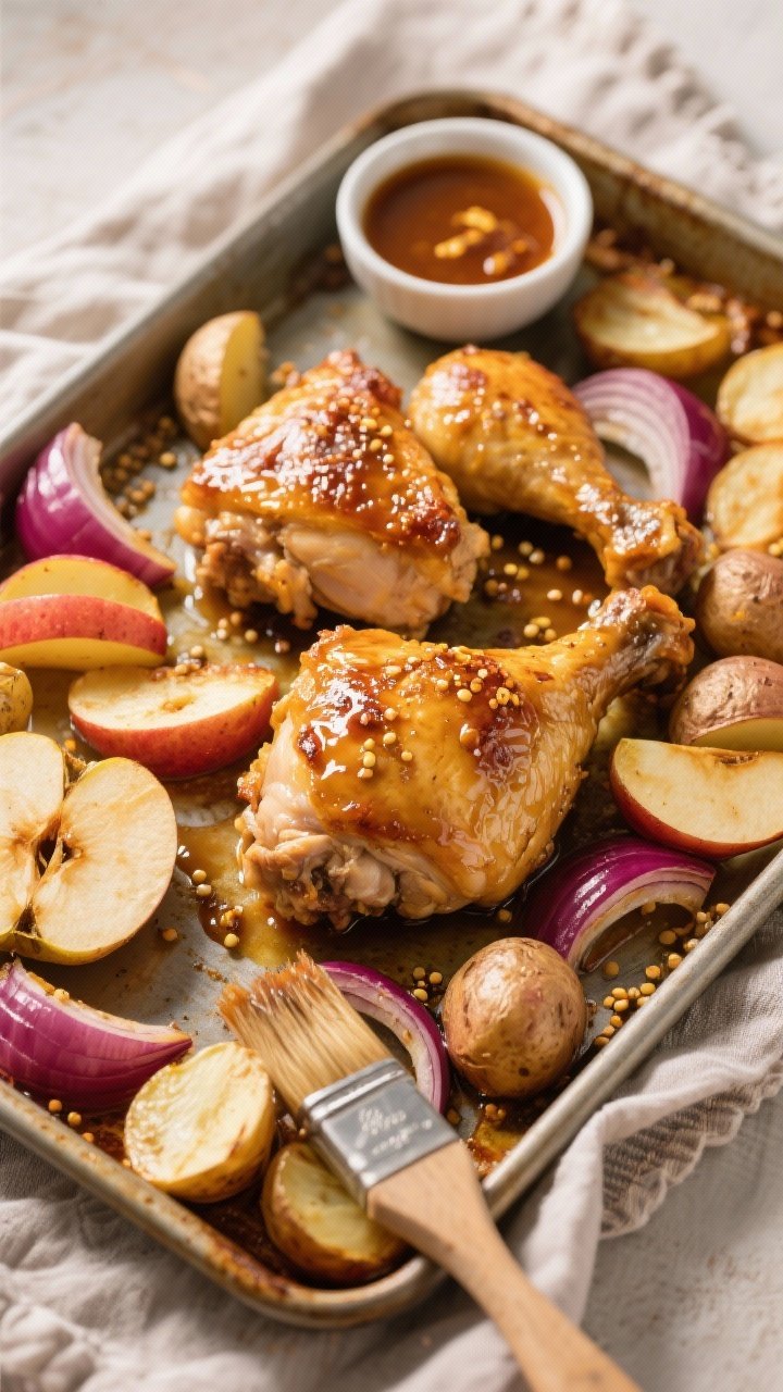 45-degree angle sheet-pan scene: golden, crispy-skinned bone-in chicken thighs lacquered with maple-Dijon glaze, nestled among roasted apple slices (Honeycrisp), red onion wedges, and halved small potatoes; glossy caramelized edges, visible mustard seeds; pan resting on a linen with a small bowl of maple-Dijon sauce and a brush, warm oven light vibe.