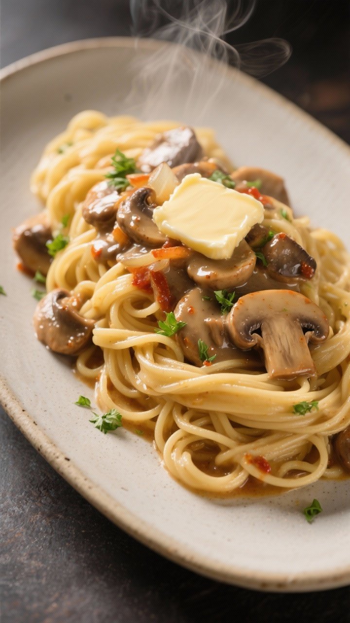 45-degree plated mushroom stroganoff over buttered egg noodles: silky noodles piled high with creamy paprika-kissed mushroom and onion sauce, glossy from butter and broth; flecks of parsley for freshness; steam rising, a pat of butter melting on the noodles; neutral ceramic plate for contrast.