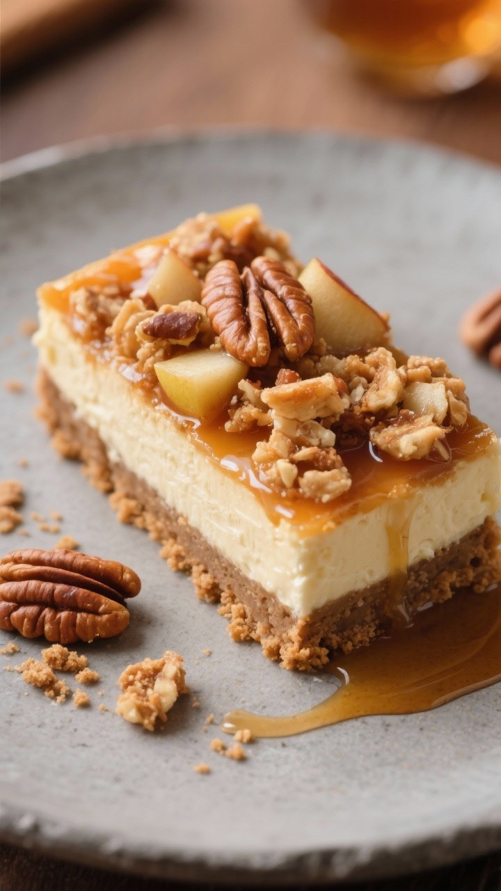45-degree plated presentation of Maple Pecan Apple Crisp Cheesecake Bars: a neatly cut square on a matte stone plate, showing distinct layers—gingersnap cookie crust (1 1/4 cups gingersnap crumbs, 2 tablespoons brown sugar, 5 tablespoons melted unsalted butter, pinch of salt), velvety cheesecake, maple-glossed apple topping, and pecan-studded crisp. Drizzle of maple syrup pooling lightly, a few toasted pecan halves and gingersnap crumbs scattered for texture; warm amber tones, shallow depth of field, cozy autumn vibe.