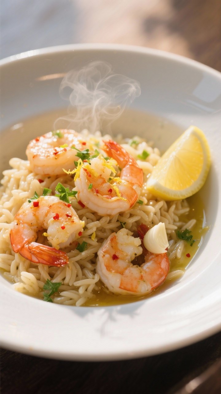45-degree plated shot of a Lemon-Garlic Shrimp Orzo Bowl: tender orzo mounded in a shallow white bowl, topped with butter-sautéed large shrimp, visible minced garlic, lemon zest flecks, and a glossy lemon-butter-olive oil sauce pooling slightly. Red pepper flakes dusted lightly, steam rising. Garnished with chopped parsley and a lemon wedge. Warm, sunlit mood with gentle highlights on the shrimp, shallow depth of field emphasizing juicy, garlicky sheen.