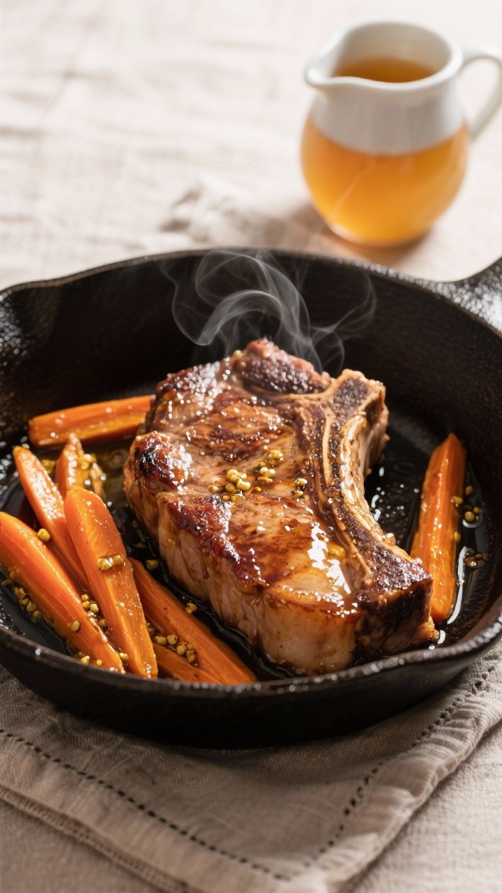 45-degree skillet shot: seared bone-in pork chops glazed in apple cider reduction, glossy and caramelized, with skillet carrots sliced on the bias shimmering in butter; Dijon notes visible in the glaze; steam rising, a small pitcher of extra cider glaze nearby; cast-iron pan on a textured linen.