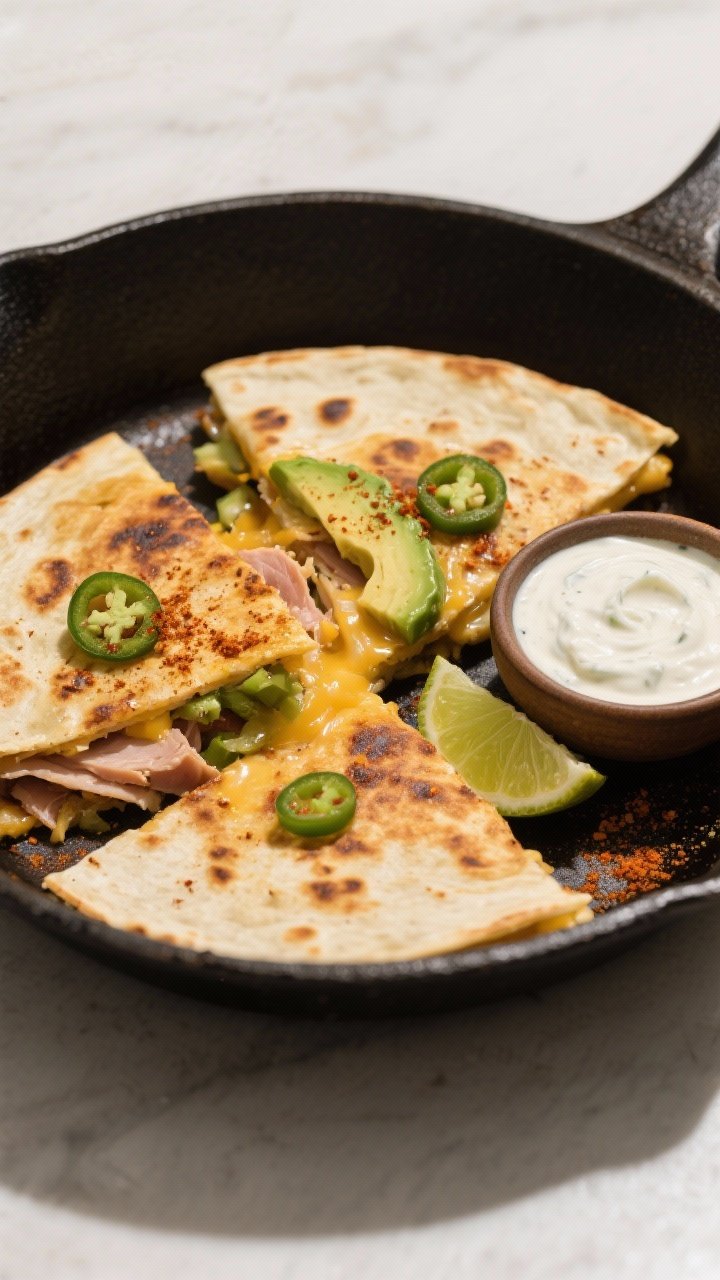 45-degree skillet-to-plate action shot of a Smoky Turkey Avocado Quesadilla: a golden-brown flour tortilla folded and cut into wedges, cheese visibly melted and stretching, layered with deli turkey slices, thin fanned avocado, chopped pickled jalapeños, and a dusting of smoked paprika. Served with a small bowl of lime crema on the side and lime wedges. Charred spots on tortilla, cozy warmth, crisp exterior meets creamy interior.