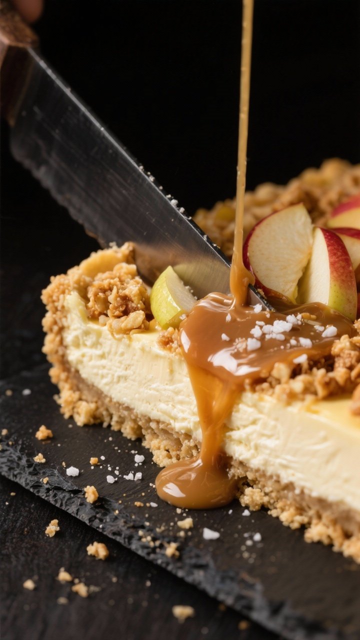 Close-up macro of Salted Caramel Apple Crisp Cheesecake Bars being sliced: shortbread cookie crust (1 1/2 cups shortbread crumbs, 5 tablespoons melted unsalted butter, 1 tablespoon sugar, pinch of salt) visibly buttery and crumbly, ultra-creamy cheesecake layer, tender apple ribbons, and a thick pour of glossy salted caramel cascading down the sides with a sprinkle of flaky sea salt. Dark slate backdrop for contrast, dramatic side lighting to catch the caramel sheen and crumb texture.