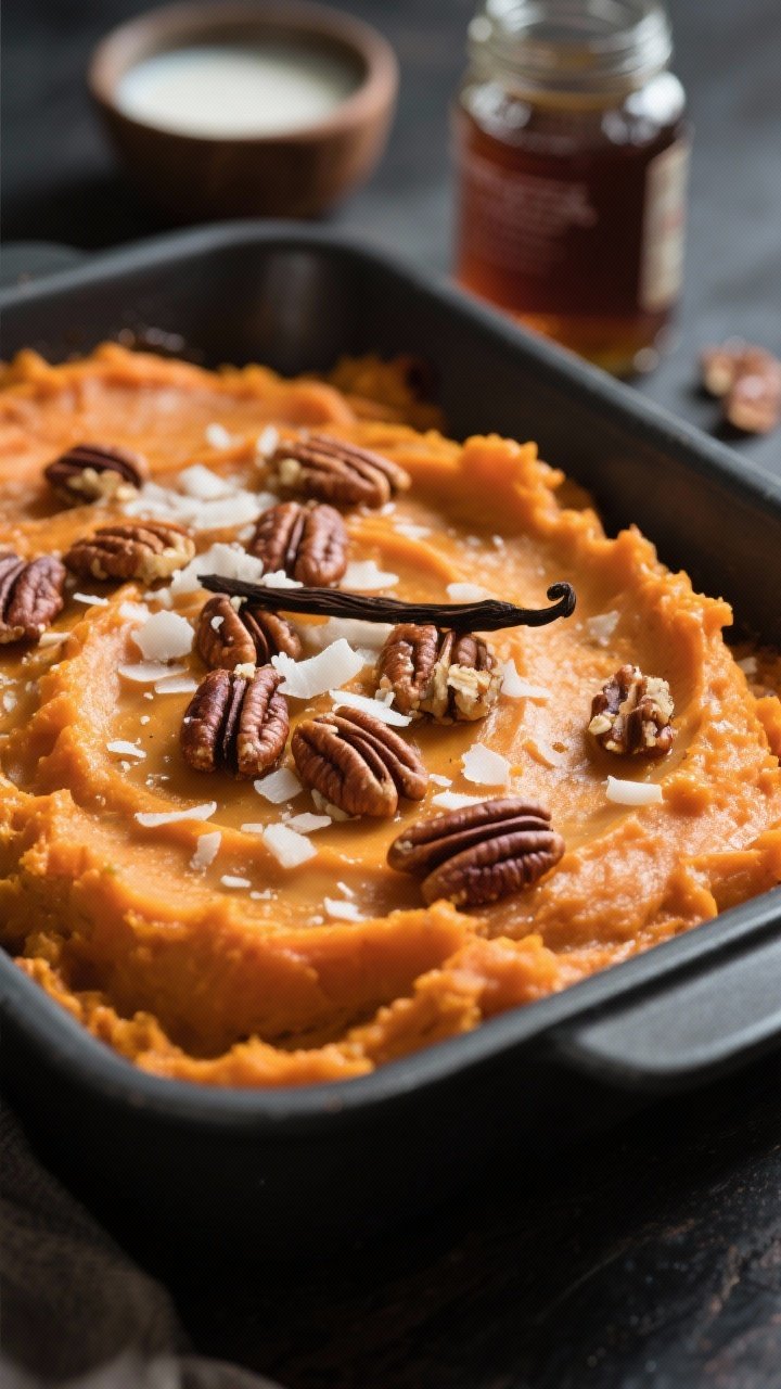 Close-up, moody side-lit shot of a dairy-free, naturally sweet casserole: ultra-smooth sweet potato mash made with full-fat coconut milk, melted coconut oil (or vegan butter), pure maple syrup, and vanilla extract, topped with toasted pecans and a light coconut flake garnish. Shown in a matte charcoal baking dish with a small bowl of coconut milk and a jar of maple syrup in the background; emphasize creamy, glossy texture and warm orange hues without any dairy cues.