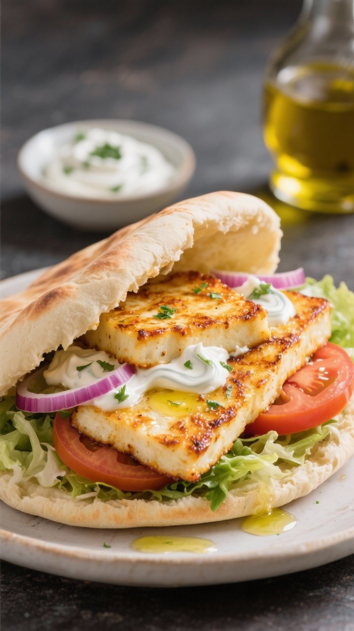 Close-up of a Crispy Halloumi Pita stuffed to the brim: golden-seared halloumi slabs tucked into a warmed pita, layered with mixed greens or shredded romaine, ripe tomato slices, and thin ribbons of red onion. Herby yogurt swirled generously inside and drizzled over, olive oil glinting on the halloumi crust. Background props: a small dish of herby yogurt and a bottle of olive oil. Vibrant Mediterranean colors, sharp focus on halloumi’s crisp edges.