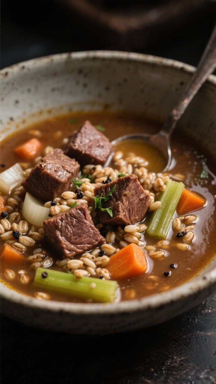 Close-up of Classic Beef and Barley Soup that eats like a meal: tender seared beef chuck cubes nestled among pearl barley, carrots, onions, and celery in a richly browned broth; visible black pepper and herbs; served in a heavy stoneware bowl with a spoon breaking the surface; moody lighting emphasizing hearty texture, slight sheen from olive oil.