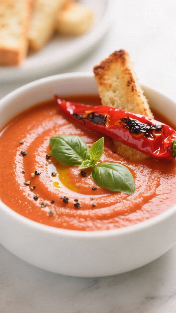 Close-up of Creamy Tomato Basil Soup with Roasted Red Pepper: ultra-smooth tomato-red pepper puree in a matte white bowl, glossy swirl of olive oil, fresh basil leaves, and a crack of black pepper; charred red pepper strip perched on the rim; sliced grilled cheese soldiers in background blur; bright, clean lighting to highlight the vibrant reds and greens.