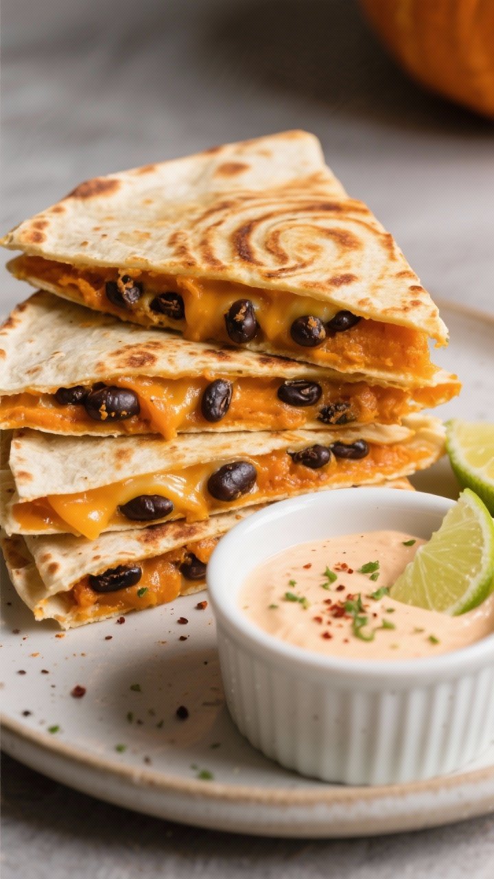 Close-up of sliced pumpkin and black bean quesadillas: crispy golden tortillas revealing orange pumpkin puree swirled with black beans, melty Monterey Jack, and smoky spices (cumin, smoked paprika); triangles stacked with edges oozing; side ramekin of chipotle lime crema with lime zest and a sprinkle of pepper.