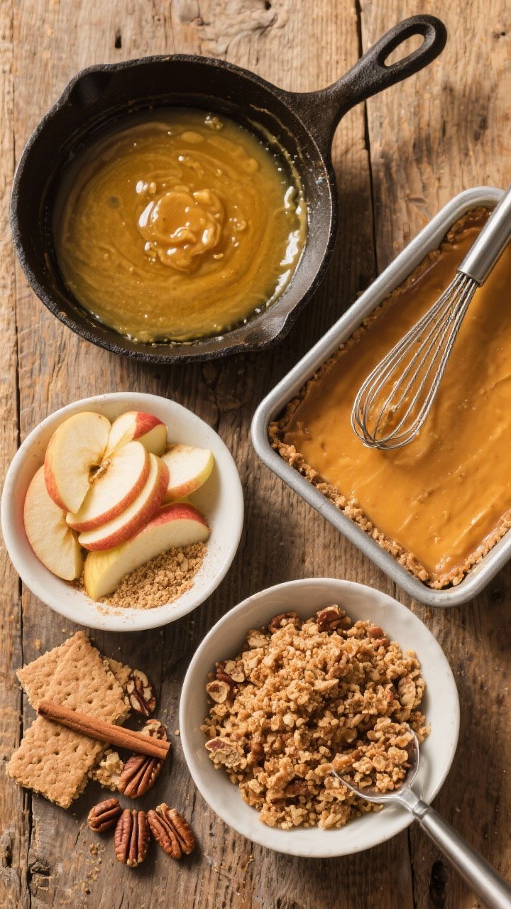 Ingredient-process overhead flat lay for Brown Butter Apple Crisp Cheesecake Bars (Bakery-Level Upgrade): a skillet of nutty brown butter (10 tablespoons) with golden milk solids, next to bowls of graham cracker crumbs (1 1/4 cups) and finely ground pecans (1/4 cup, optional) for the crust, plus a separate bowl of brown-buttered crumble. Include peeled, thinly sliced apples dusted with cinnamon, a whisk, and a lined square pan ready for assembly. Warm, toasty color palette, rustic wood surface, process-focused storytelling.