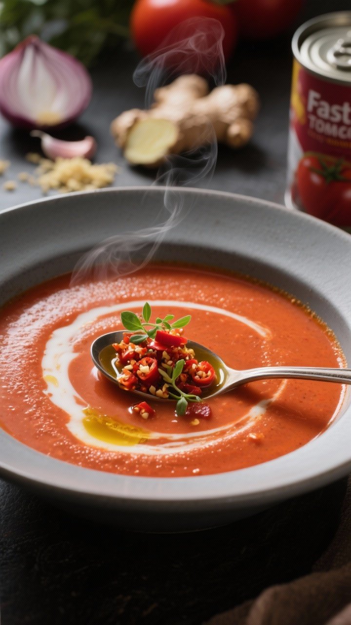 Moody close-up of Fast Tomato Coconut Soup in a matte bowl: silky red-orange soup with a creamy sheen from coconut milk, topped with a spoonful of chili crunch, a drizzle of olive oil, and a few micro herbs. In the background, hints of the base ingredients—chopped onion, sliced garlic, grated ginger, and a can of crushed tomatoes. Gentle steam rising, soft side lighting highlighting velvety texture and spicy garnish.