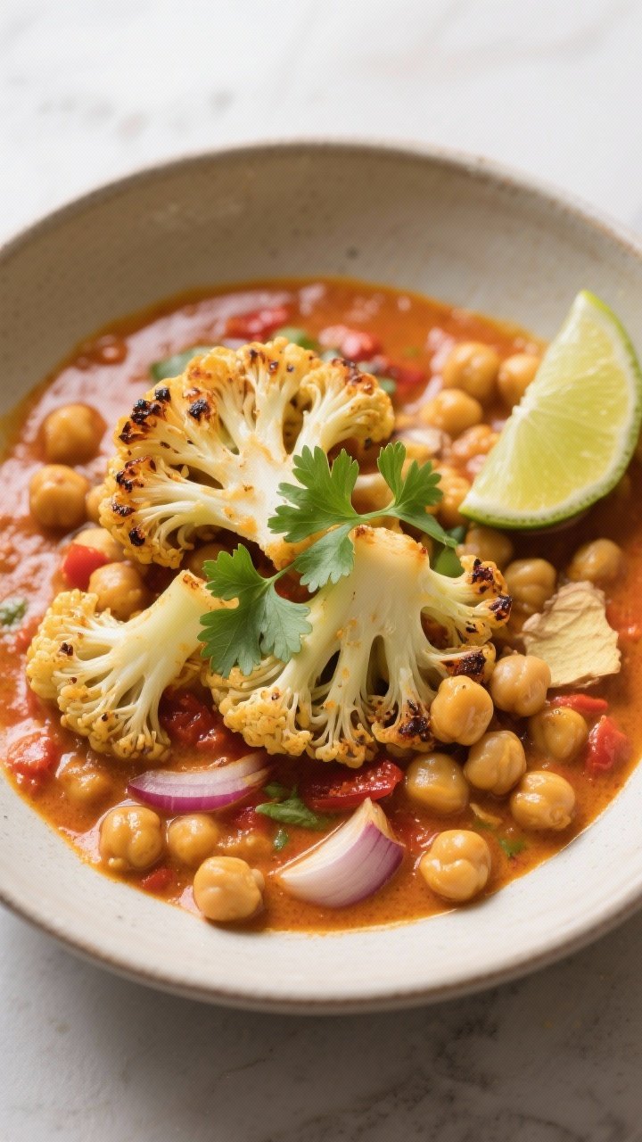 Overhead bowl of cozy coconut curry chickpeas with roasted cauliflower: burnished cauliflower florets perched over creamy golden-red curry studded with chickpeas, onions, garlic, and ginger; glossy surface from coconut milk, red curry paste hue; topped with fresh cilantro and lime wedges on the side; served in a wide shallow bowl.