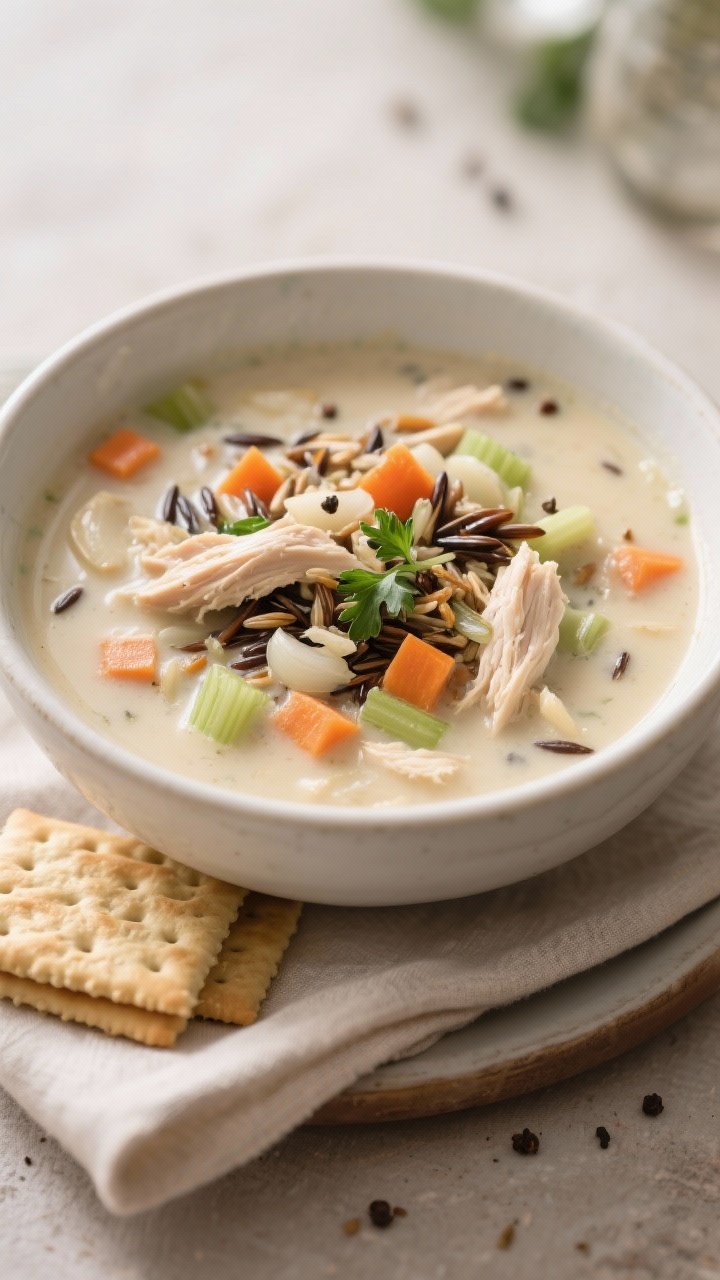 Overhead bowl shot of Creamy Chicken and Wild Rice Soup: cozy, creamy broth studded with shredded chicken thighs, wild rice blend, diced carrots, celery, onion, and garlic; garnished with freshly cracked pepper and a sprinkle of parsley; served with saltine crackers and a neutral napkin; soft, diffused daylight for a “hug in a bowl” feel.