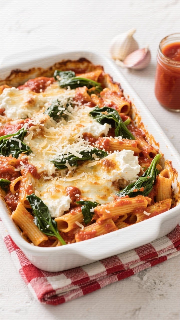 Overhead casserole dish of baked ziti with spinach and ricotta: bubbling marinara-coated pasta with pockets of creamy ricotta, ribbons of wilted baby spinach, and a golden, stretchy mozzarella-Parmesan top; a sprinkle of fresh Parmesan to serve, garlic cloves and a jar of sauce off to the side; clean white baking dish on a red-checked towel.