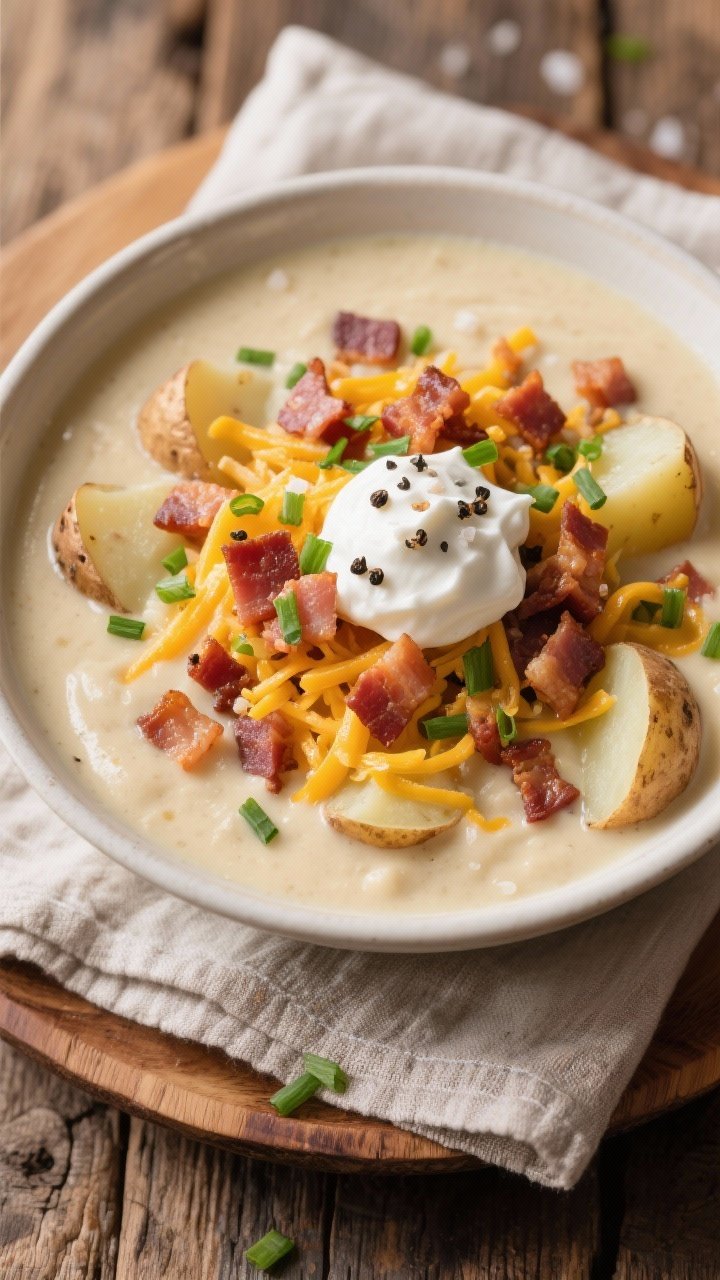 Overhead comfort scene of Velvety Loaded Baked Potato Soup: creamy potato base in a wide bowl, lavishly topped with crisp chopped bacon, melted shredded cheddar, snipped chives, and a dollop of sour cream; cracked pepper and a sprinkle of kosher salt visible; russet potato chunks peeking through; set on a rustic wooden table with a folded linen.