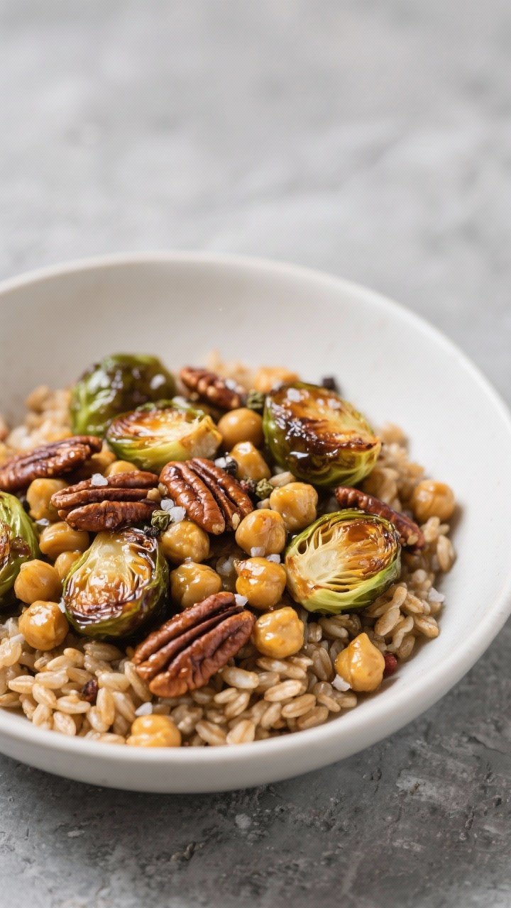 Overhead farro bowls with maple roasted Brussels and crispy chickpeas: chewy farro base topped with deeply caramelized Brussels sprouts halves and golden chickpeas, glistening with olive oil and a hint of maple syrup; sprinkled with chopped pecans; salt and pepper flakes visible; minimalist bowl on cool stone surface for modern fall feel.