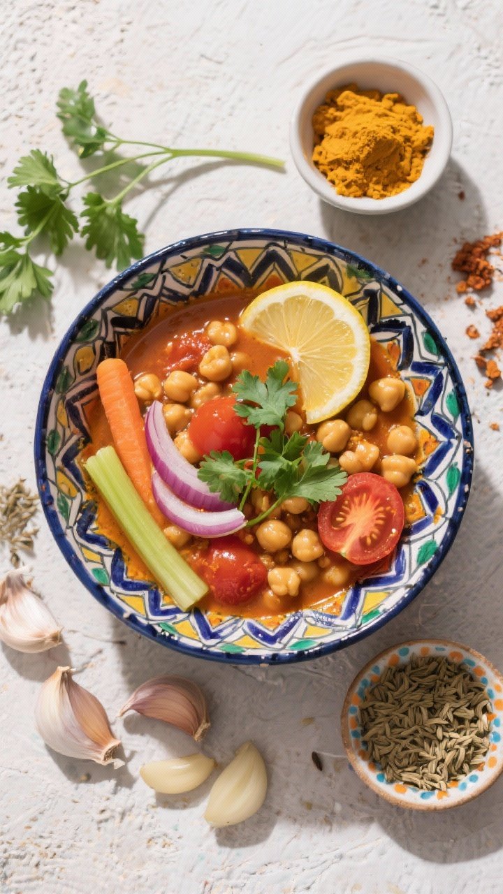 Overhead flat lay of Moroccan-inspired Harira ingredients and final bowl: chickpeas and tomatoes in a warmly spiced broth with onion, garlic, carrot, celery, tomato paste, turmeric, ground spices, and herbs; garnished with lemon wedge and cilantro; small side dishes of turmeric and cumin add color; patterned ceramic bowl evokes North African flair.