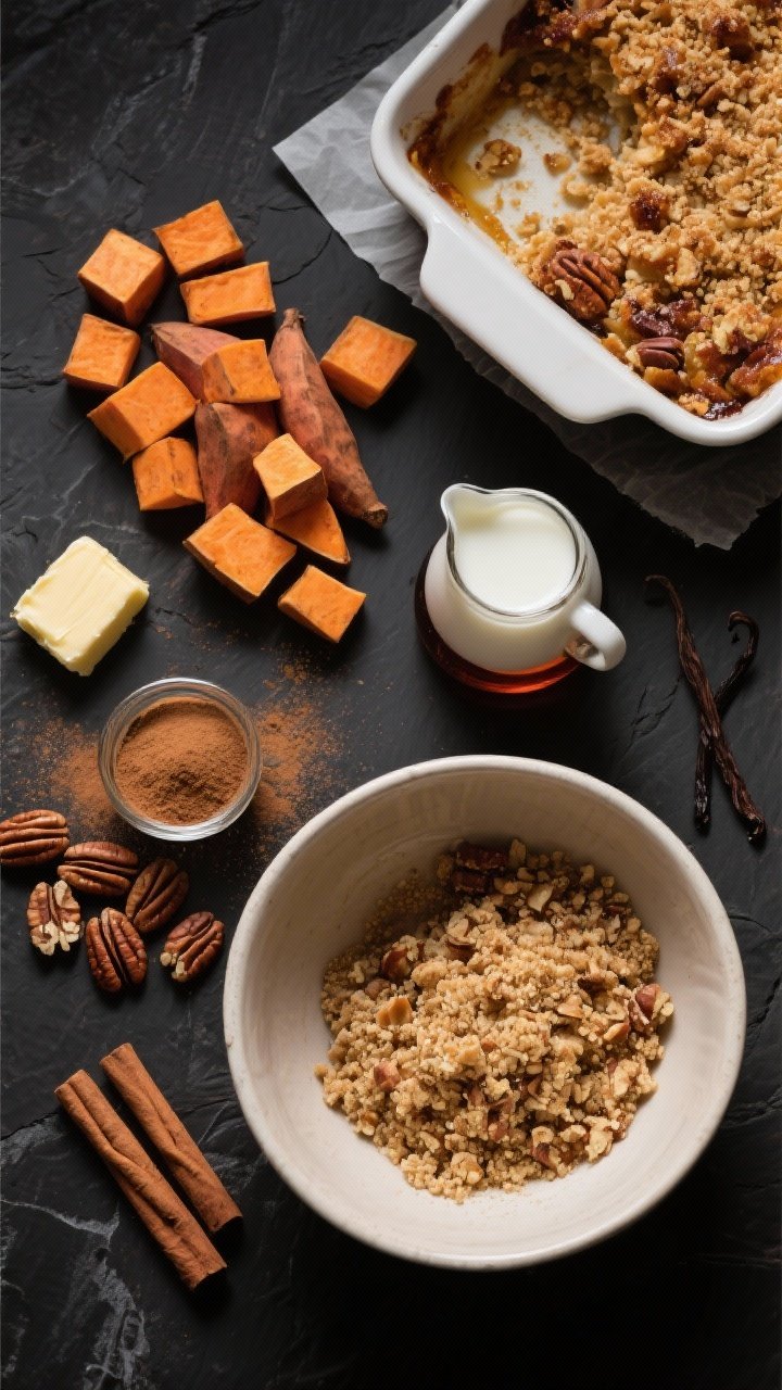 Overhead ingredient-prep flat lay for a crunch-obsessed streusel maple pecan casserole: neatly arranged peeled and cubed sweet potatoes, sticks of unsalted butter, small jug of pure maple syrup, milk, vanilla extract, ground cinnamon, and chopped pecans ready for streusel. Include a mixing bowl with a crumbly pecan-cinnamon streusel in progress and a baking dish lined with parchment. Dark slate background for contrast; high clarity to highlight textures of cinnamon dusting and pecan crumble.