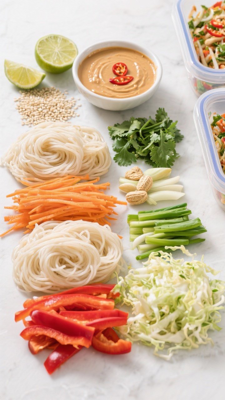 Overhead ingredient-prep flat lay for a Spicy Peanut Noodle Salad meant for meal prep: cooked rice noodles cooled and coiled, mounds of shredded carrots, thinly sliced red bell pepper, shredded cabbage/coleslaw mix, sliced green onions, and chopped cilantro arranged in neat sections. A small bowl of creamy peanut dressing (peanut butter base) with chili heat, plus lime wedges and sesame seeds nearby. Clean, organized, meal-prep containers to the side, bright and punchy color palette.