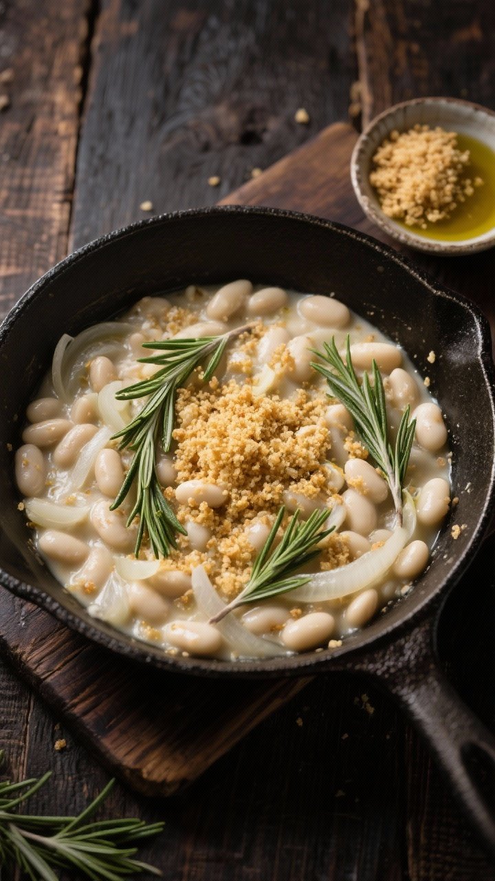 Overhead rustic white bean and rosemary skillet: creamy cannellini beans simmered with onions and garlic, punctuated by rosemary sprigs; finished with a shower of golden garlicky breadcrumbs for crunch; skillet centered on a dark wood surface with a small dish of extra crumbs and olive oil.