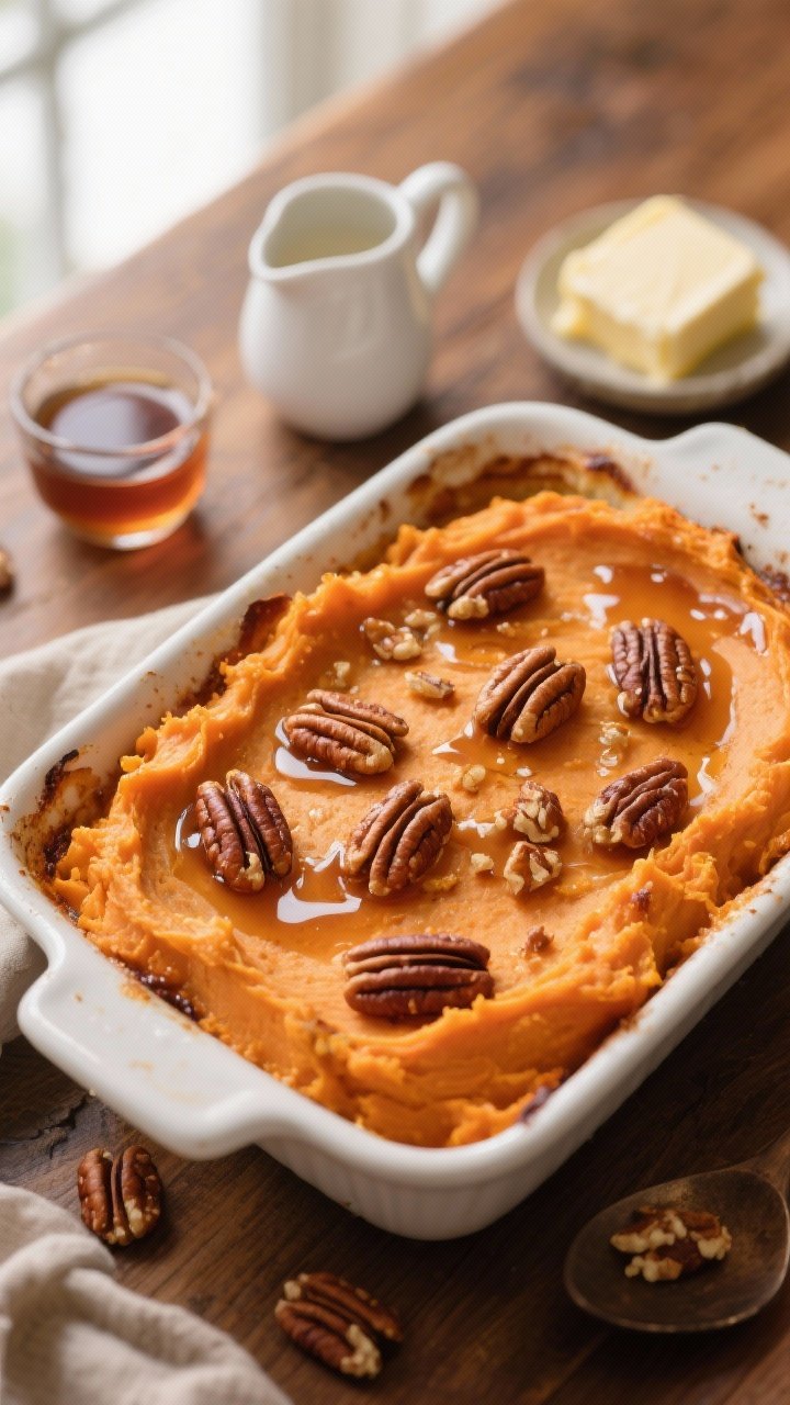 Overhead shot of a classic maple pecan sweet potato casserole just out of the oven: silky orange sweet potato mash made with softened unsalted butter, pure Grade A amber maple syrup, whole milk, and vanilla, topped with glossy toasted pecans and a light maple glaze. Presented in a white ceramic baking dish on a warm wood surface, with a small pitcher of maple syrup and a pat of butter nearby; soft natural window light, crisp detail on the creamy mash and crunchy pecans.