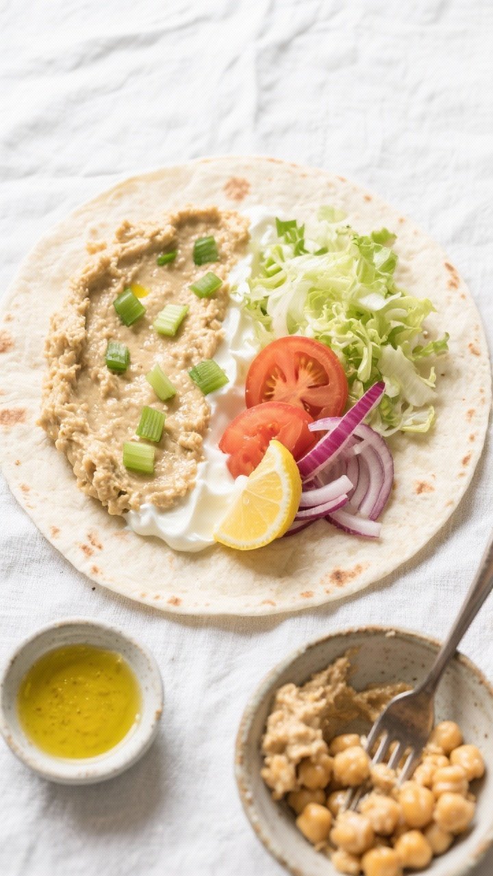 Overhead shot of a Zesty Chickpea Smash Wrap assembly on a light linen backdrop: a large tortilla spread with a creamy chickpea mash made from drained chickpeas, Greek yogurt (or vegan mayo), Dijon mustard, lemon juice, and a glisten of extra-virgin olive oil. Finely diced celery sprinkled through the mash, plus a pile of crunchy sliced veg (shredded romaine, thin red onion, and tomato slices) ready to tuck in. Lemon half, small bowl of Dijon, olive oil drizzle, and a fork mashing chickpeas in a rustic bowl nearby. Clean, bright, zesty vibe, high-key lighting, crisp textures, no people.