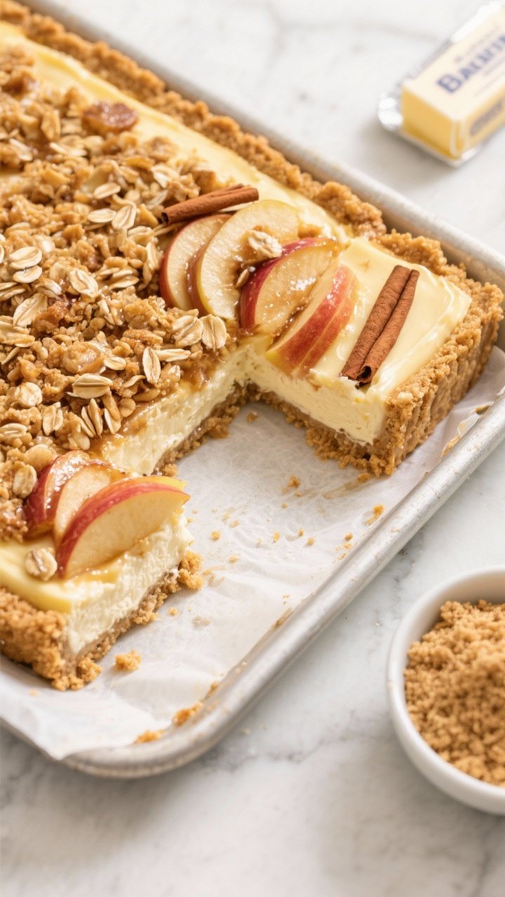 Overhead shot of Classic Bakery-Style Apple Crisp Cheesecake Bars cooling on a parchment-lined square pan: golden graham cracker crust (1 1/2 cups graham crumbs, 2 tablespoons granulated sugar, 1/4 teaspoon fine sea salt, 6 tablespoons melted unsalted butter) clearly visible at the edges, creamy cheesecake layer in the center, topped with glossy cinnamon-spiced apple slices and a crisp oat crumb. Styled on a light marble surface with a small bowl of graham crumbs and a stick of butter wrapper nearby; warm, bakery-style mood, natural window light, crisp textures emphasized.