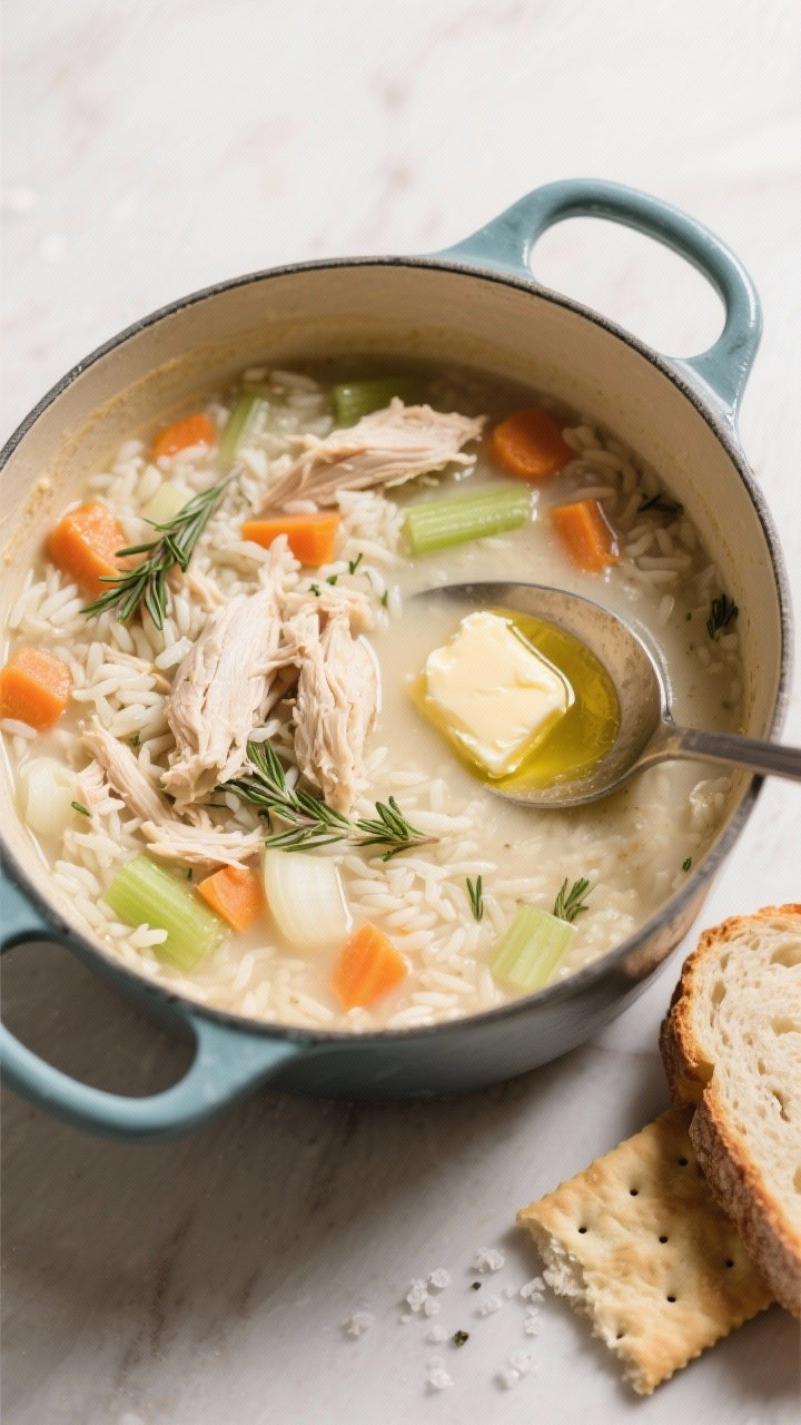 Overhead shot of creamy chicken and rice soup in a Dutch oven: velvety broth dotted with shredded chicken, long-grain rice, diced carrots, celery, onions, and specks of thyme and rosemary; a ladle resting inside, butter and olive oil glisten; saltines and a slice of bread on the side for coziness.