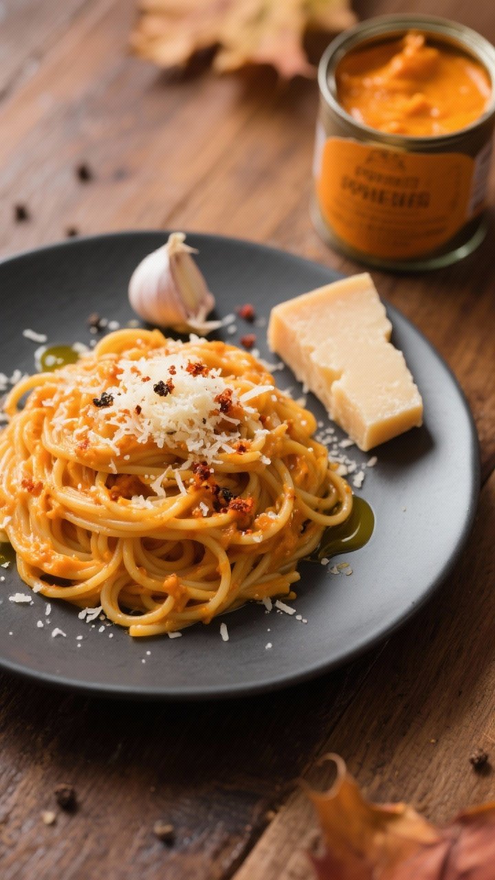 Overhead shot of creamy pumpkin Parmesan pasta: al dente spaghetti coated in silky orange pumpkin sauce with grated Parmesan melting on top, flecks of smoked paprika and cracked black pepper, drizzled olive oil sheen; a wedge of Parmesan, minced garlic, and a jar of canned pumpkin nearby on a matte charcoal plate over a warm wood table, cozy fall mood.