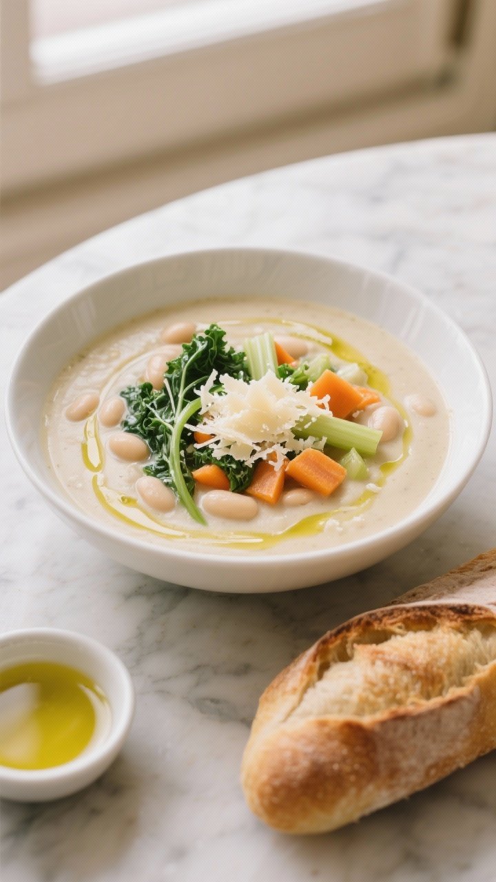Overhead shot of Creamy Tuscan White Bean Soup: a white ceramic bowl filled with silky cannellini bean soup swirled with olive oil, ribbons of wilted kale, diced carrots and celery, and a generous snowfall of freshly grated Parmesan; crusty bread and a small dish of olive oil on a marble surface, warm Italian rustic mood, soft natural window light, shallow depth of field.