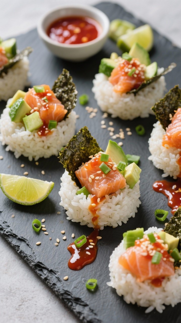 Overhead shot of Sriracha-Lime Salmon Rice Cups arranged on a slate board: compact mounds of day-old rice topped with flaked cooked salmon, diced cucumber, diced avocado, and small squares of roasted nori tucked in. Glossy sriracha-lime sauce drizzled over, sprinkled with sesame seeds and sliced green onions. Bright, modern styling with a small bowl of extra sauce and lime wedges. Fresh, sushi-inspired, no hands, crisp focus.