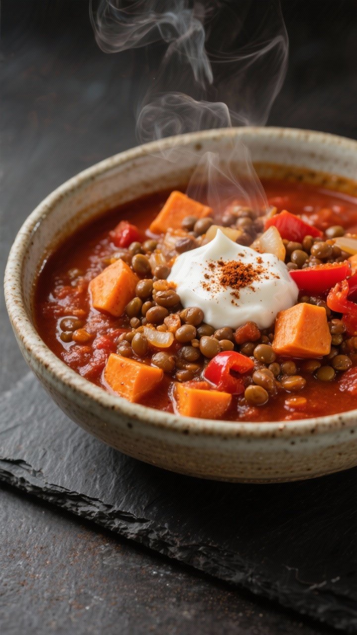 Straight-on bowl close-up of smoky lentil and sweet potato chili: thick, hearty stew with tender orange sweet potato cubes, brown lentils, red bell pepper, and onions in a brick-red tomato base; visible chili powder, smoked paprika depth, and a hint of cinnamon; steam rising, dollop of yogurt and sprinkle of cumin on top, served in a rustic stoneware bowl on a dark slate.