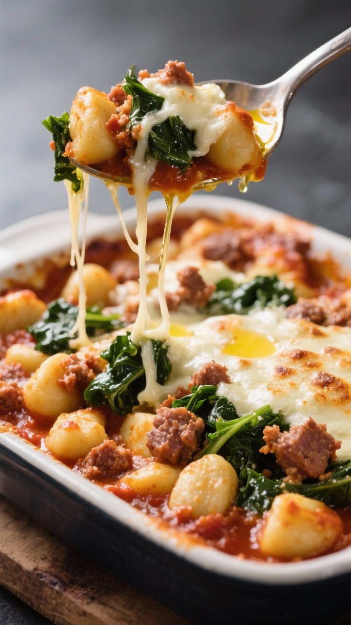 Straight-on bubbling weeknight gnocchi bake: pillowy gnocchi tucked into marinara with crumbled Italian sausage and emerald kale, mozzarella melted and slightly blistered on top; strands of cheese stretching as a spoon lifts a portion; a drizzle of olive oil catching the light.