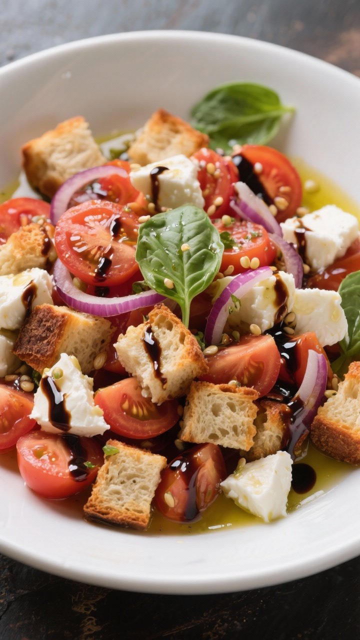 Straight-on hero shot of a Caprese Panzanella in a wide white ceramic bowl: glossy chopped ripe tomatoes, torn fresh mozzarella, lightly pickled slivers of red onion, and big rustic cubes of day-old crusty bread toasted in olive oil. Basil leaves tucked throughout, everything glistening with extra olive oil and a dramatic balsamic drizzle (“thunder”) streaked over the top. Juicy tomato seeds visible, bread edges crisp, summery Italian mood.