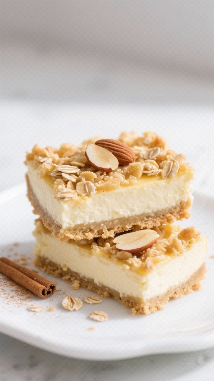 Straight-on hero shot of Gluten-Free Apple Crisp Cheesecake Bars: clean slices stacked slightly offset to showcase the gluten-free crust made with 1 1/4 cups almond flour, 1/2 cup gluten-free oat flour, 3 tablespoons sugar, 1/4 teaspoon salt, 6 tablespoons unsalted butter, supporting a silky cheesecake layer and a golden apple-oat crisp top. Garnished with a few toasted almond slices and a light dusting of cinnamon; bright, airy lighting, modern minimal styling on a white ceramic plate to emphasize the creamy texture and crumb.