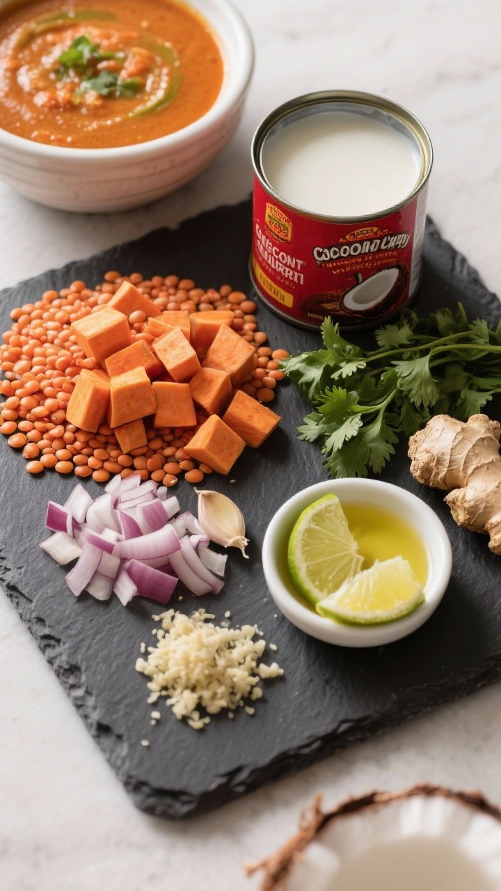 Straight-on ingredient prep shot for Cozy Coconut Curry Lentil Soup: neat mise en place on a dark slate board—red lentils, diced sweet potato cubes, chopped onion, minced garlic, grated fresh ginger, red curry paste, a can of coconut milk, and cilantro; a small dish of coconut oil and lime wedges to the side; vibrant warm tones, clean modern styling.