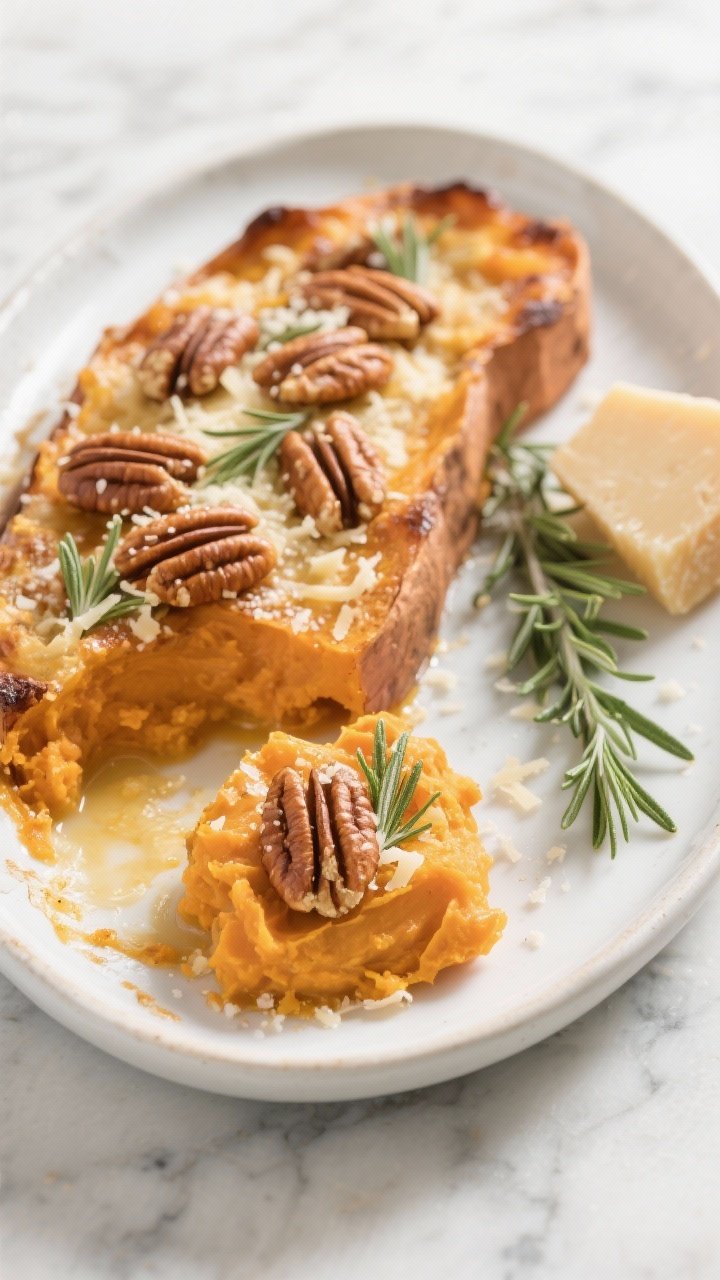 Straight-on plated presentation of a savory-sweet maple pecan sweet potato casserole with rosemary & Parmesan: scooped portions showing creamy sweet potato interior enriched with unsalted butter, olive oil, pure maple syrup, whole milk, and a sprinkle of fine sea salt, topped with golden toasted pecans, grated Parmesan, and rosemary needles. Served in a shallow oval gratin on a marble surface, a sprig of fresh rosemary and a wedge of Parmesan beside; cool daylight to emphasize savory sheen and herb detail.