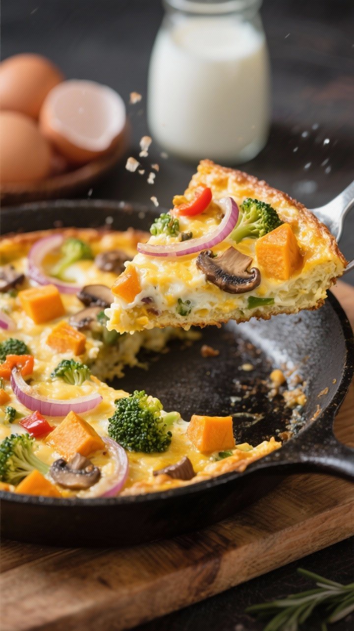 Straight-on slice of harvest veggie frittata: custardy eggs with caramelized onion ribbons, diced butternut, broccoli florets, mushrooms, and peppers; cheese melted and lightly browned on top; a wedge lifted to show tender interior; skillet on a wooden board with eggs and a splash of milk in the background.
