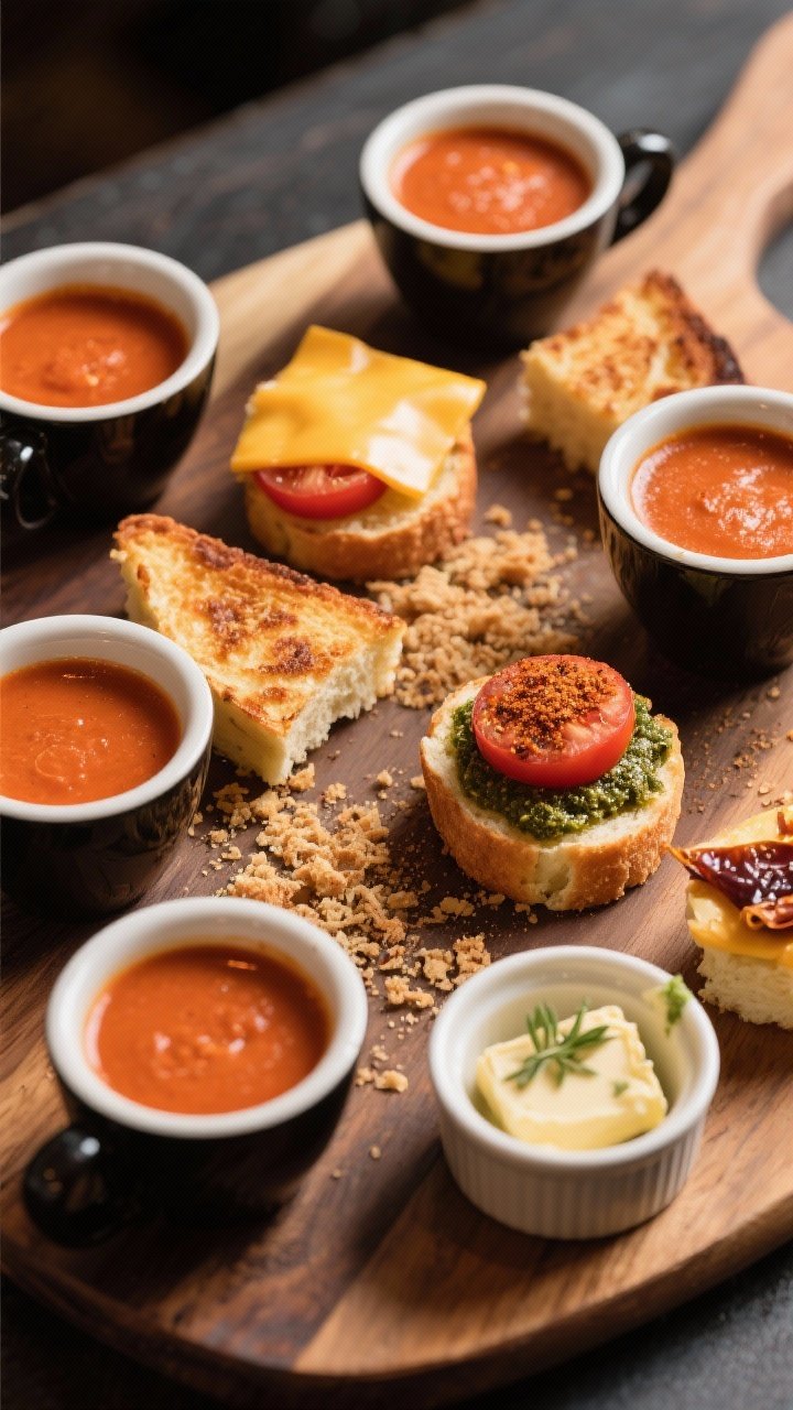5–2 inches), deeply toasted and neatly cut, arranged around several espresso cups of tomato soup;