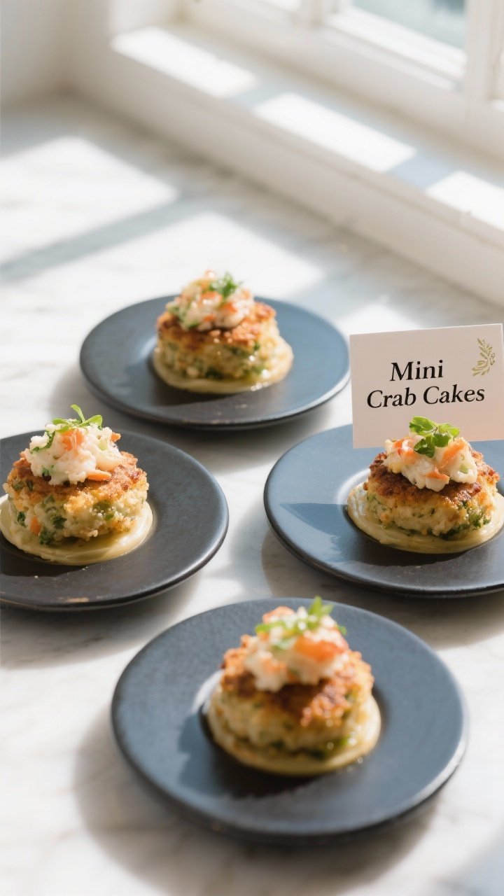 5-inch disks; small card with “Mini Crab Cakes” tucked at the corner for editorial feel; bright