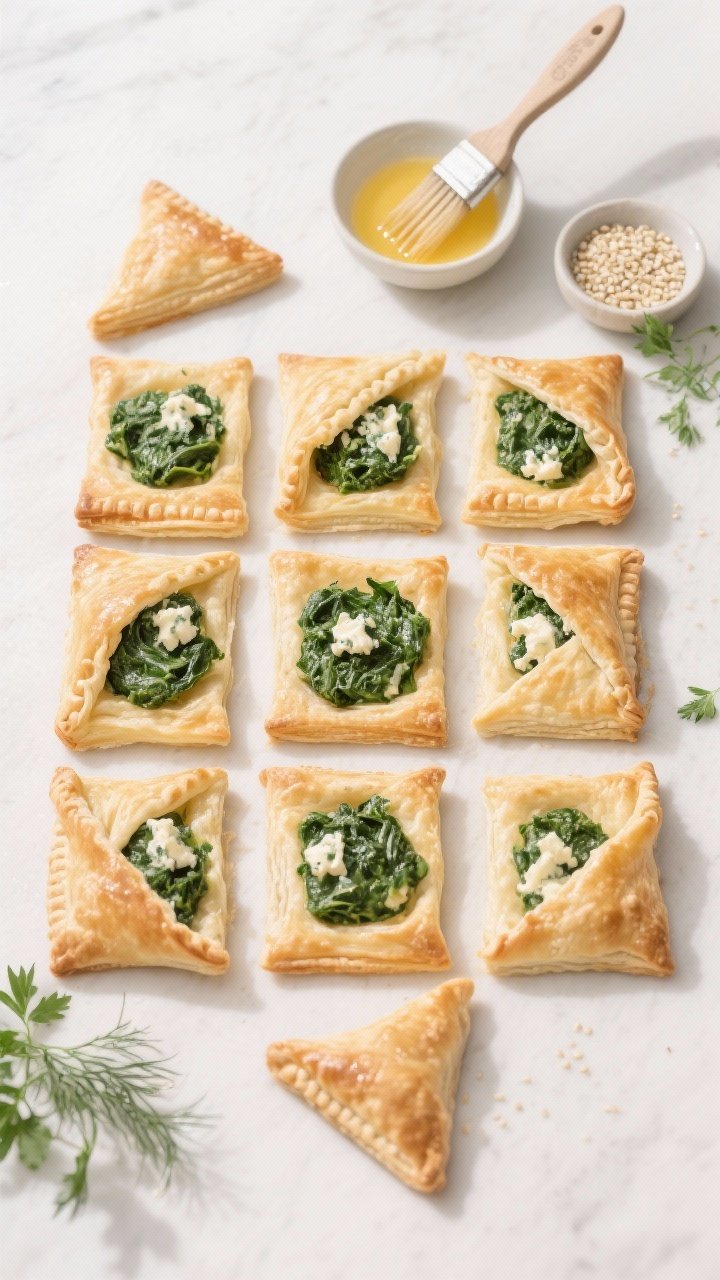 5-inch puff pastry squares arranged in a grid, each with a precise heaping teaspoon of cooled spinac