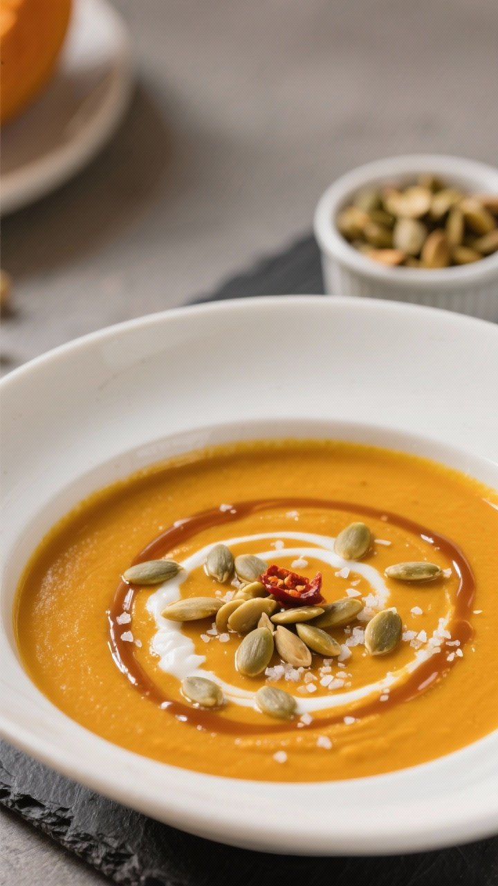 Beautiful final bowl of pumpkin soup with restaurant-quality presentation: smooth golden-orange surf