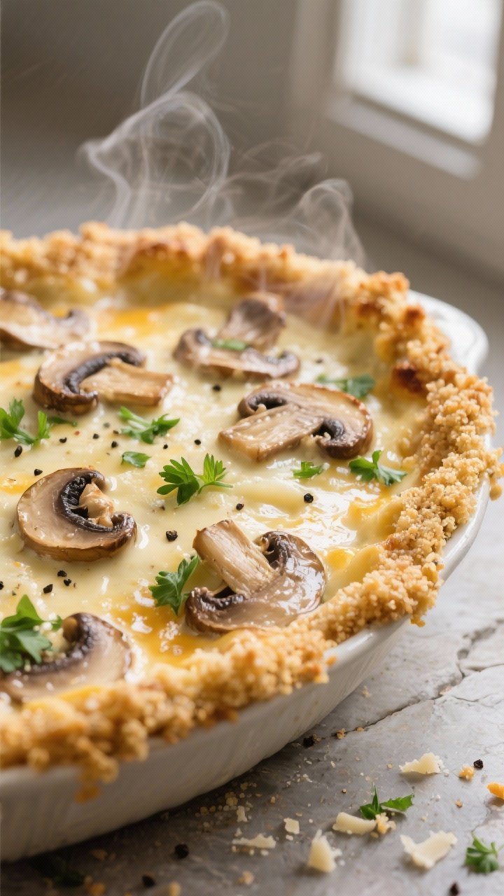Close-up detail: A bubbling, just-baked creamy mushroom casserole surface with a golden breadcrumb-p