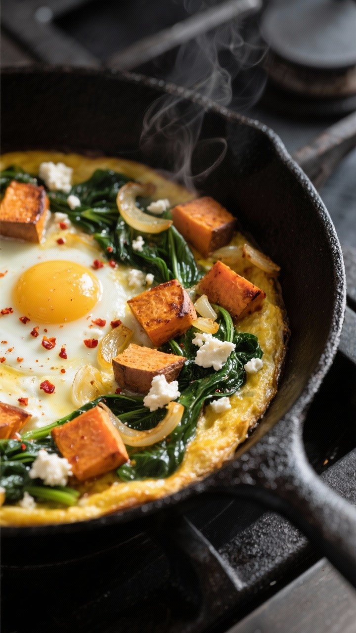 Close-up detail: A cast-iron skillet on the stovetop with the frittata just set around the edges, sh