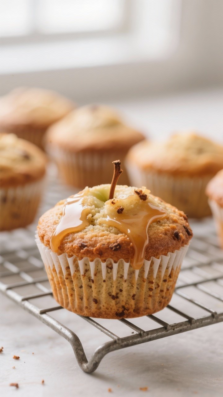 Close-up detail: A freshly baked apple cider cupcake just out of the tin, warm and brushed with a gl