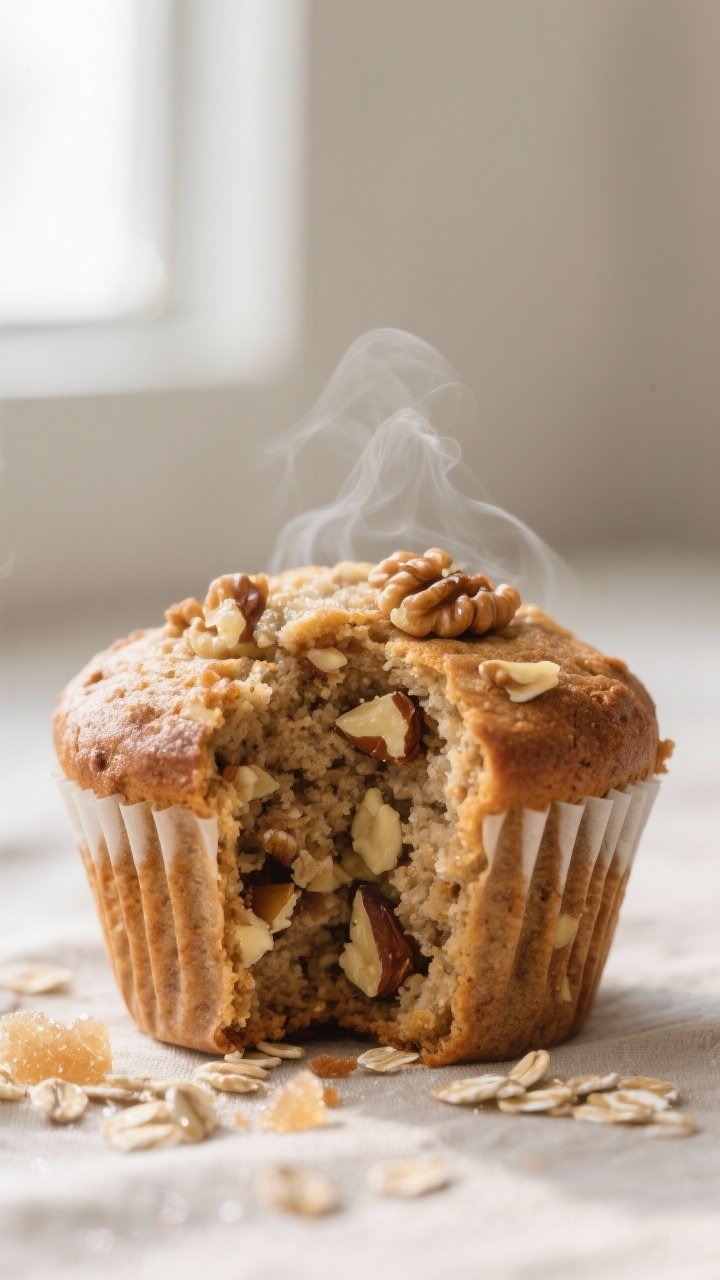 Close-up detail: A freshly baked banana bran muffin torn open to reveal a moist, tender crumb studde